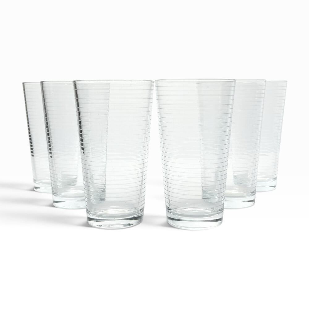 Pasabahce “Doro” 6 Tumbler Drinking Glasses 6” 16oz Horizontal Lines, Signed
